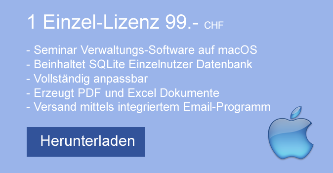 Einzelnutzer-Lizenz: 
Seminar Verwaltungs-Software auf macOS. Beinhaltet SQLite Einzelnutzer Datenbank. Vollständig anpassbar.  Erzeugt PDF und Excel Dokumente. Versand mittels integriertem Email-Programm.