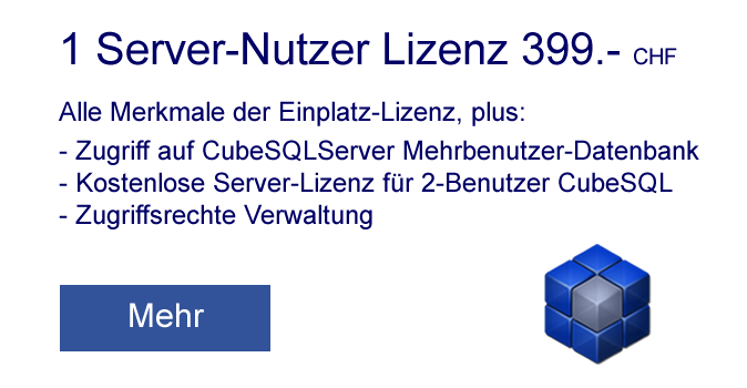 Server-User Lizenz von Seminar Pro beinhaltet alle Merkmale der Einzelnutzer-Lizenz und zusätzlich: - Zugriff auf CubeSQLServer Mehrbenutzer-Datenbank. Kostenlose Server-Lizenz für 2-Benutzer CubeSQL. Zugriffsrechte Verwaltung